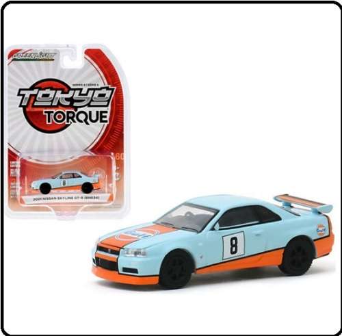 Greenlight Diecast Model Car Tokyo Torque Nissan Skyline GT-R R34 2001 No 8 "Gulf"  1/64 scale new