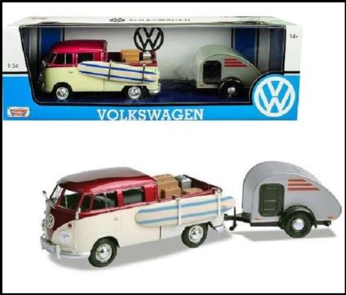 Motormax Motor Max Diecast Model Car 79673 VW Volkswagen Kombi T 1 T1 Double Cab Pickup + Camper Tra