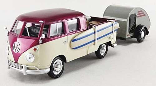 Motormax Motor Max Diecast Model Car 79673 VW Volkswagen Kombi T 1 T1 Double Cab Pickup + Camper Tra