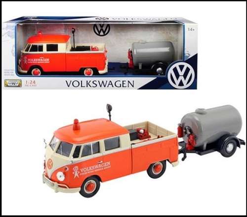 Motormax Motor Max Diecast Model Car 79674 VW Volkswagen Kombi T 1 T1 Double Cab Pickup + Trailer Ro