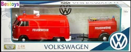 Motormax Motor Max Diecast Model Car 79671 VW Volkswagen Kombi T 1 T1 Panelvan + Fire Trailer Feuerw