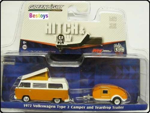 Greenlight Diecast Model Car Set Hitch & Tow VDub VW Volkswagen Kombi T 2 T2 Camper 1972 + Teardrop