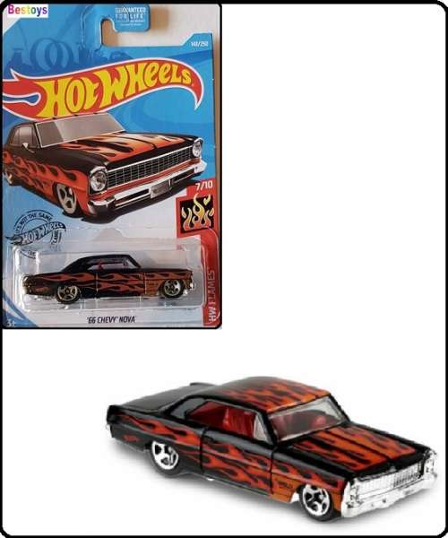 Hotwheels Hot Wheels Diecast Model Car 2019 143 / 250 Chevy Chevrolet Nova 1966 Flames 1/64 scale