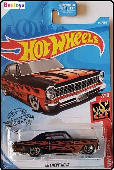 Hotwheels Hot Wheels Diecast Model Car 2019 143 / 250 Chevy Chevrolet Nova 1966 Flames 1/64 scale