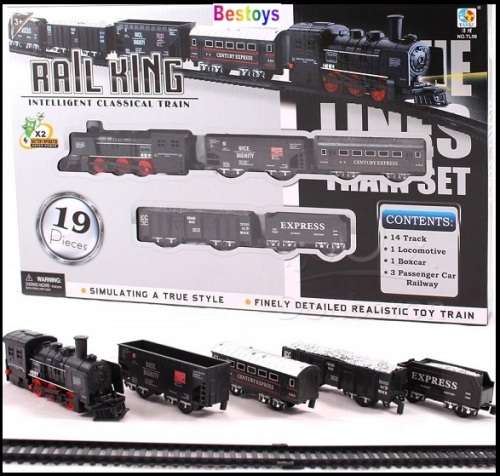 Rail King Plastic Train Set Battery Operated 5 carriages + 14 pcs track Steam Engine Gift Hobby new