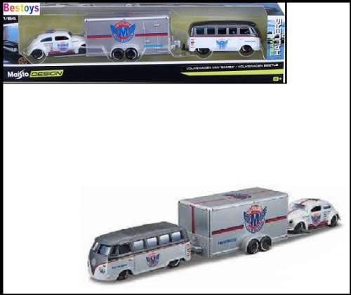Maisto Diecast Model Car Design Series Hauler VW Volkswagen Kombi Samba Bus + Beetle + Enclosed Trai