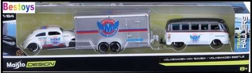 Maisto Diecast Model Car Design Series Hauler VW Volkswagen Kombi Samba Bus + Beetle + Enclosed Trai
