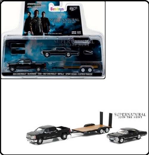 Greenlight Diecast Model Car Set Hollywood Hitch Chevy Silverado 2015 + Impala Sport Sedan 1967 Supe