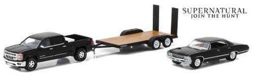 Greenlight Diecast Model Car Set Hollywood Hitch Chevy Silverado 2015 + Impala Sport Sedan 1967 Supe