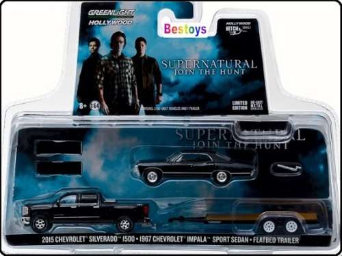 Greenlight Diecast Model Car Set Hollywood Hitch Chevy Silverado 2015 + Impala Sport Sedan 1967 Supe