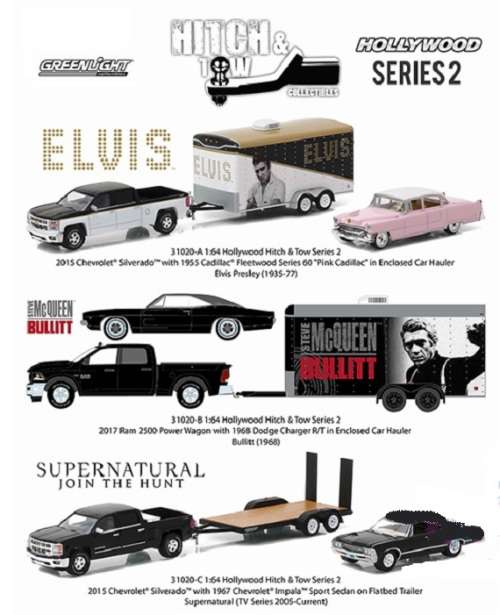 Greenlight Diecast Model Car Set Hollywood Hitch Chevy Silverado 2015 + Impala Sport Sedan 1967 Supe