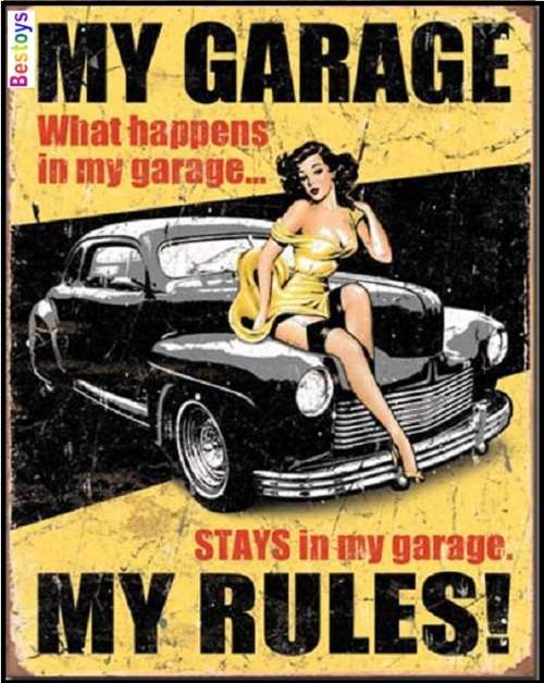Metal Tin Sign Lithographed Image "My Garage My Rules" with 40's car 405 x 320 mm