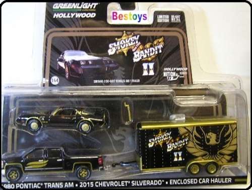 Greenlight Diecast Model Car Set Hollywood Hitch Chevy Silverado + Pontiac Trans Am + Trailer Smokey