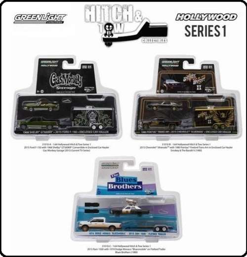 Greenlight Diecast Model Car Set Hollywood Hitch Chevy Silverado + Pontiac Trans Am + Trailer Smokey