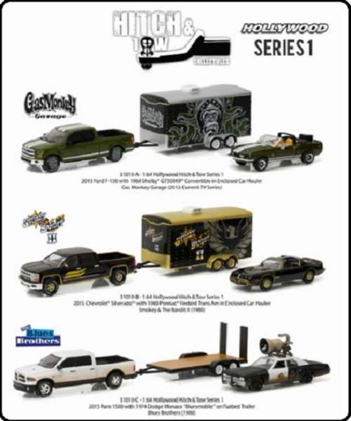 Greenlight Diecast Model Car Set Hollywood Hitch Chevy Silverado + Pontiac Trans Am + Trailer Smokey