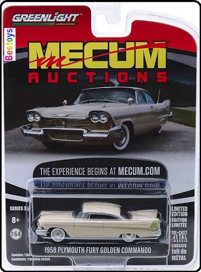 Greenlight Diecast Model Car Mecum Auctions Plymouth Fury Golden Commando 1958 1/64 scale new in pac