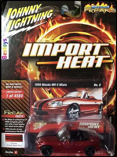 Johnny Lightning Diecast Model Car Classic Street Freaks Mazda MX 5 MX5 Miata 1999 Import Heat 1/64