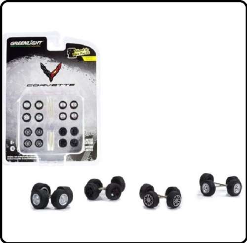 Greenlight Model Car Wheel Set Chevy Chevrolet Corvette rubber real riders 1/64 scale new in pack