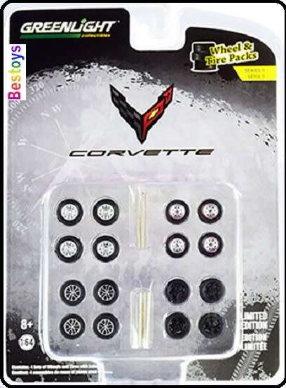 Greenlight Model Car Wheel Set Chevy Chevrolet Corvette rubber real riders 1/64 scale new in pack