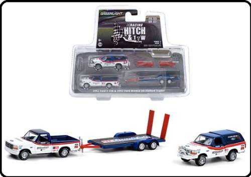 Greenlight Diecast Model Car Set Hitch & Tow Ford F 150 F150 1992 + Bronco 1992 + Flatbed trailer "B