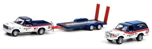 Greenlight Diecast Model Car Set Hitch & Tow Ford F 150 F150 1992 + Bronco 1992 + Flatbed trailer "B