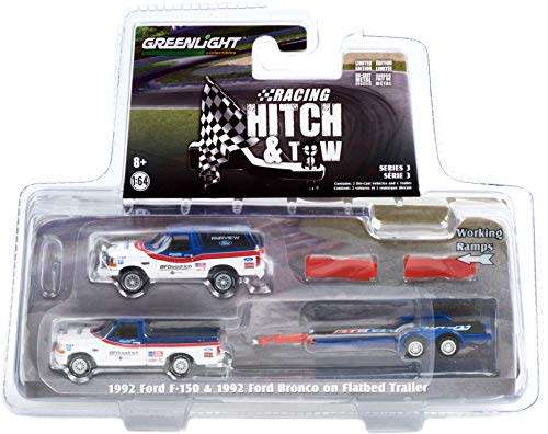 Greenlight Diecast Model Car Set Hitch & Tow Ford F 150 F150 1992 + Bronco 1992 + Flatbed trailer "B