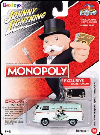 Johnny Lightning Diecast Model Car Pop Culture VW Volkswagen Kombi T 2 Panelvan 1965 "Monopoly" + To