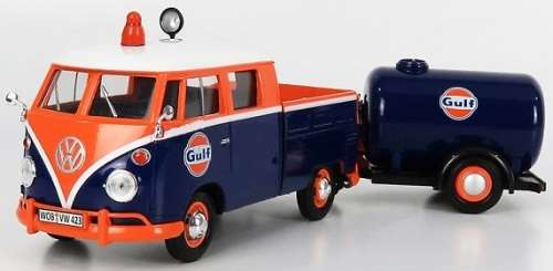 Motormax Motor Max Diecast Model Car 79610 VW Volkswagen Kombi T 1 T1 Double Cab Pickup + TrailerGul