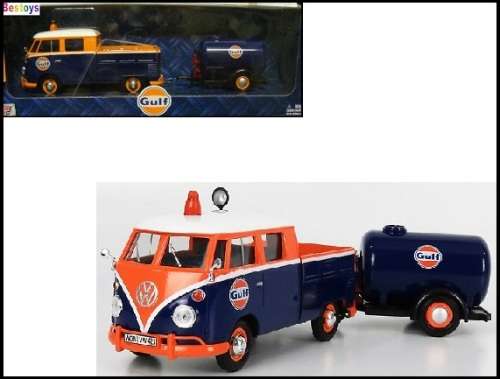Motormax Motor Max Diecast Model Car 79610 VW Volkswagen Kombi T 1 T1 Double Cab Pickup + TrailerGul