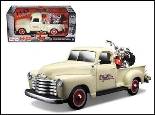 Maisto Diecast Model Car + Motorbike 32161 Chevy Chevrolet 3100 Pickup 1950 + Harley Davidson Herita