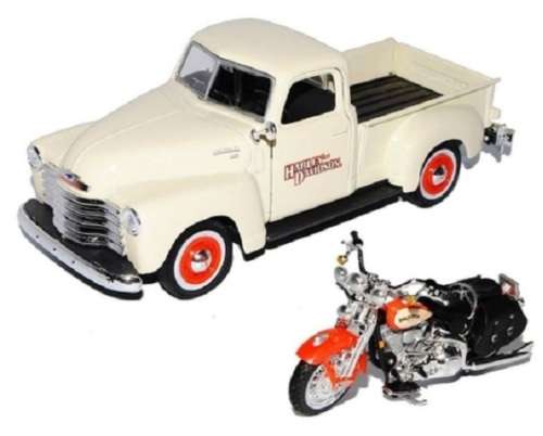 Maisto Diecast Model Car + Motorbike 32161 Chevy Chevrolet 3100 Pickup 1950 + Harley Davidson Herita