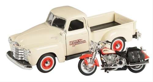 Maisto Diecast Model Car + Motorbike 32161 Chevy Chevrolet 3100 Pickup 1950 + Harley Davidson Herita