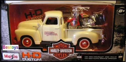 Maisto Diecast Model Car + Motorbike 32161 Chevy Chevrolet 3100 Pickup 1950 + Harley Davidson Herita