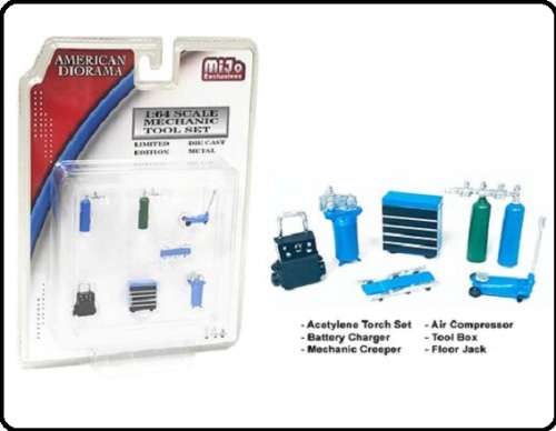 American Diorama Model Accessory Set Garage Workshop Creeper Trolley Jack Compressor Charger 1/64 sc