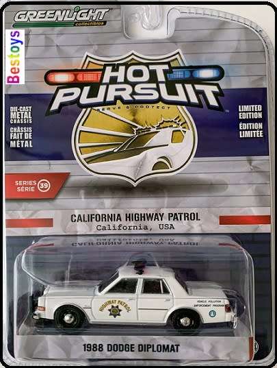 Greenlight Diecast Model Car Hot Pursuit Police Dodge Diplomat 1988 California Highway Patrol 1/64 s