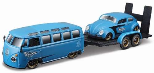 Maisto Diecast Model Car 32752 Design Transport VW Volkswagen Kombi Bus + Beetle + Trailer 1/24 scal
