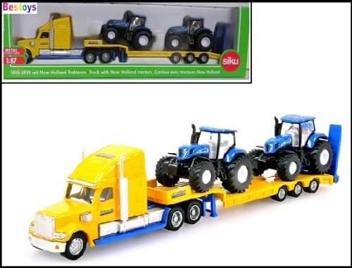SIKU Diecast Model 1805 Peterbilt Truck and lowbed trailer with 2 New Holland Tractors 1/87 HO rail