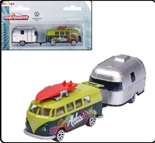 Majorette Diecast Model Car 2 pk VW Volkswagen Kombi T 1 T1Bus + Surfboard & Eriba Puck Caravan 1/64