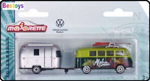 Majorette Diecast Model Car 2 pk VW Volkswagen Kombi T 1 T1Bus + Surfboard & Eriba Puck Caravan 1/64