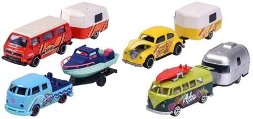Majorette Diecast Model Car 2 pk VW Volkswagen Kombi T 1 T1Bus + Surfboard & Eriba Puck Caravan 1/64