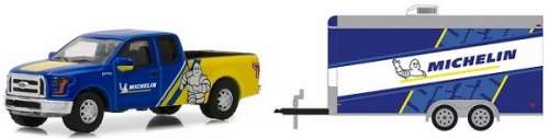 Greenlight Diecast Model Car Set Hitch and Tow Ford F 150 F150 Pickup 2016 + Car Trailer `Michelin`