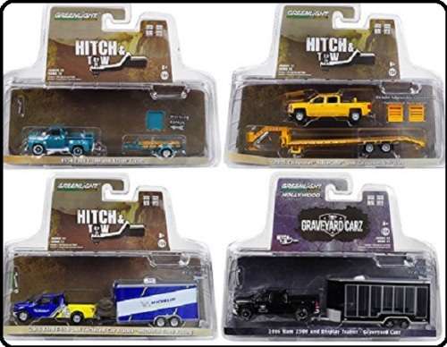 Greenlight Diecast Model Car Set Hitch and Tow Ford F 150 F150 Pickup 2016 + Car Trailer `Michelin`