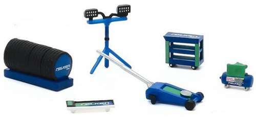 Greenlight Model Accessory Set Garage Workshop Tools Diorama `Falken ` Tyres Trolley jack Compressor