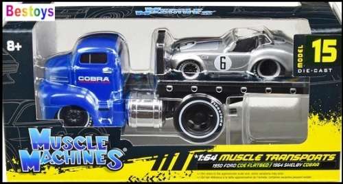 Maisto Muscle Machines Diecast Model Car Transport Ford COE Flatbed Truck 1950 + Shelby Cobra 1964