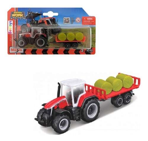 Maisto Mini Work Machines Diecast Model Tractor Massey Ferguson 8S 265 + Hay Trailer Farm +- 1/64 sc