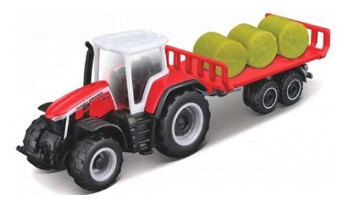 Maisto Mini Work Machines Diecast Model Tractor Massey Ferguson 8S 265 + Hay Trailer Farm +- 1/64 sc