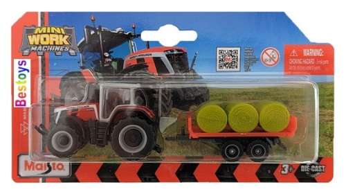 Maisto Mini Work Machines Diecast Model Tractor Massey Ferguson 8S 265 + Hay Trailer Farm +- 1/64 sc