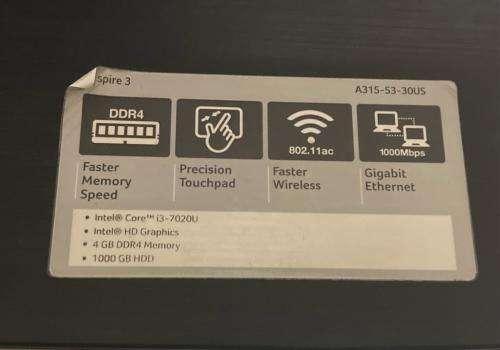 Acer Aspire 3 A315-53 15.6 inch Laptop| CORE i3 7020U 7th Gen 2.3GHZ | 4GB RAM | 1TB HDD