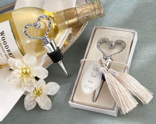 âWe Tied the Knotâ Elegant Chrome Braided-Heart Bottle Stopper with Tassels and Pearlized Tag