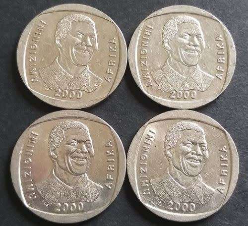 4 x MANDELA YEAR 2000 "SMILEY" R5.00  COINS  - TOP GRADE -  1 LOT